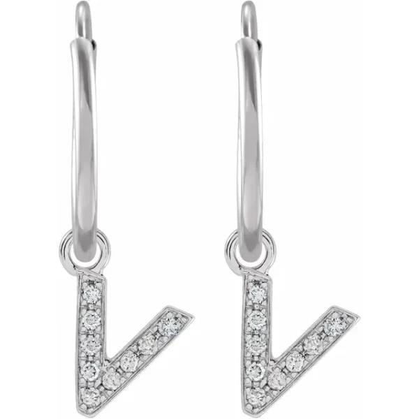 White Gold Diamond Single Initial V Hoop Earring - Image 2