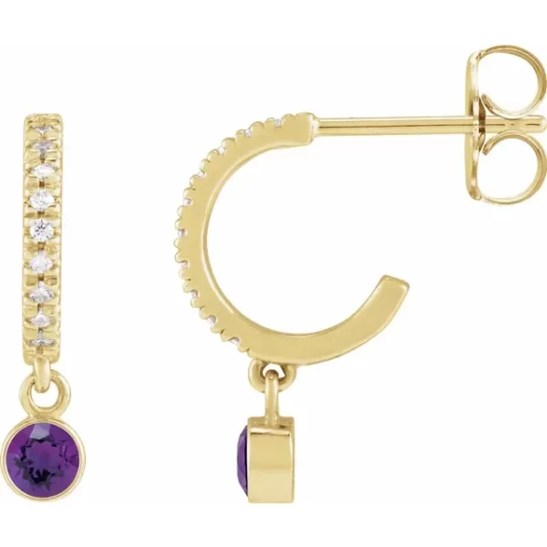 Yellow Gold Amethyst & Diamond French-Set Hoop Earrings