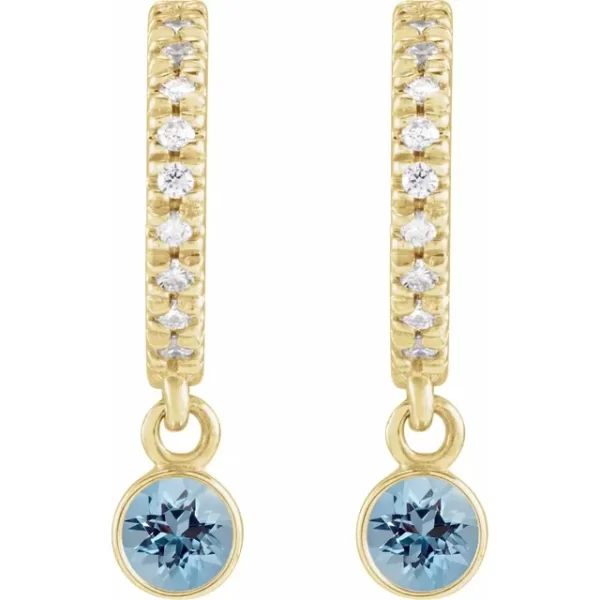 Yellow Gold Aquamarine & Diamond French-Set Hoop Earrings - Image 2