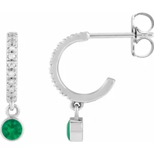 Sterling Silver Emerald & Diamond French-Set Hoop Earrings