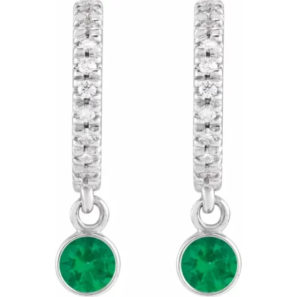 Sterling Silver Emerald & Diamond French-Set Hoop Earrings - Image 2