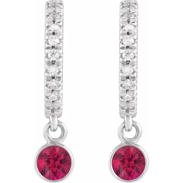 White Gold Ruby & Diamond French-Set Hoop Earrings - Image 2