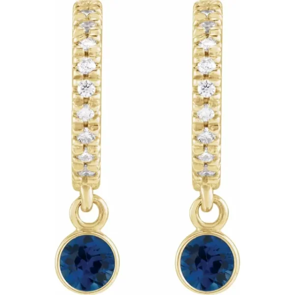 Yellow Gold Blue Sapphire & Diamond French-Set Hoop Earrings - Image 2