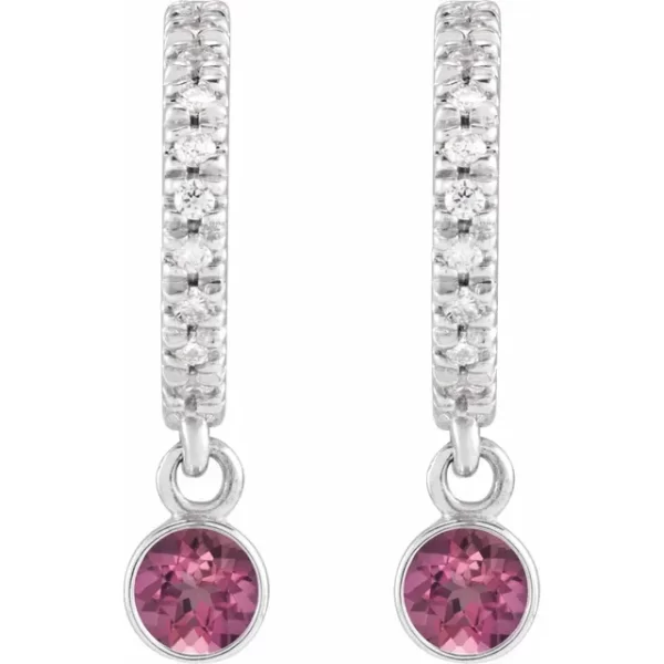 Sterling Silver Pink Tourmaline & Diamond French-Set Hoop Earrings - Image 2