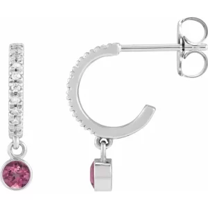 Sterling Silver Pink Tourmaline & Diamond French-Set Hoop Earrings