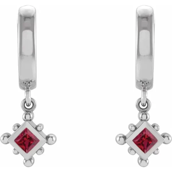 White Gold Ruby Beaded Hoop Earrings - Image 2