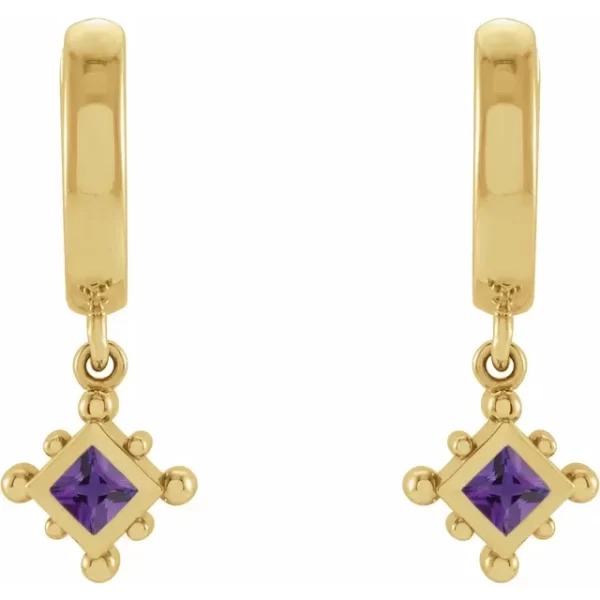 Yellow Gold Amethyst Beaded Hoop Earrings - Image 2