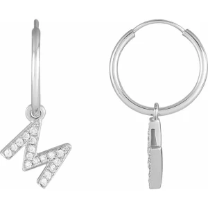 White Gold Diamond Single Initial M Hoop Earring