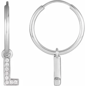 White Gold Diamond Single Initial L Hoop Earring